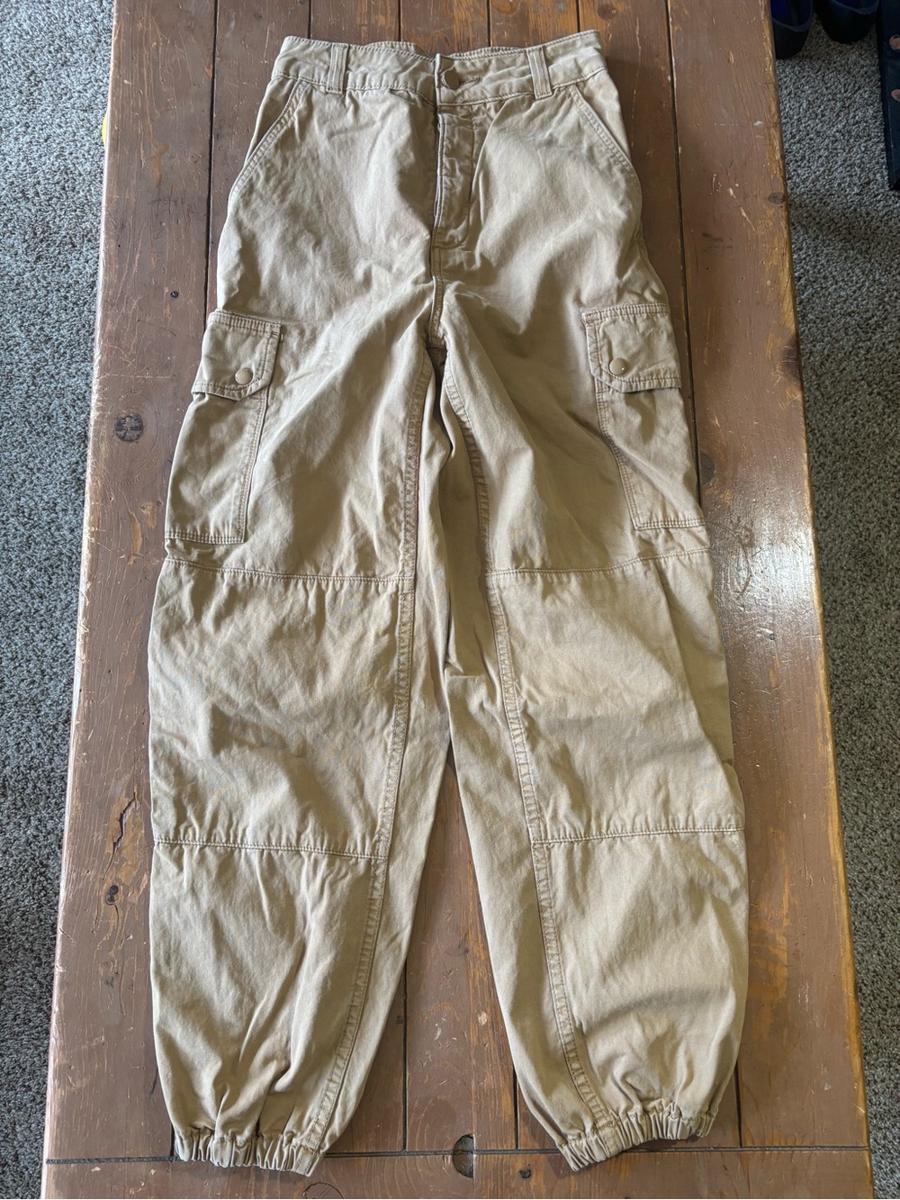 Topshop wide-leg, balloon beige utility cargo button fly pants.